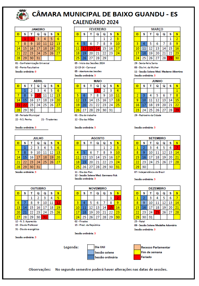 Câmara Divulga Calendário Anual do Legislativo